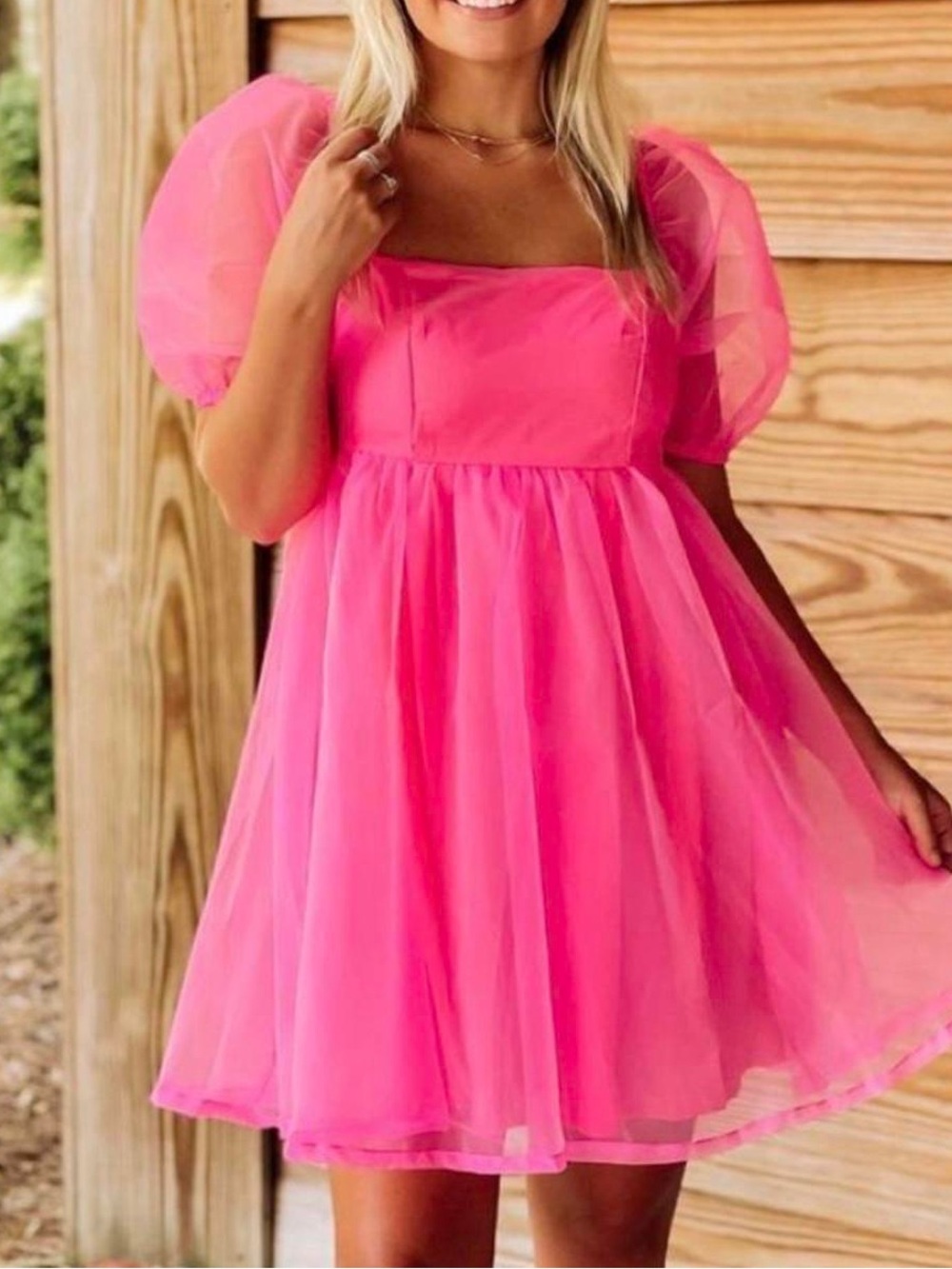 TCEC Hot Pink Puff-Sleeve Tulle Dress Size S